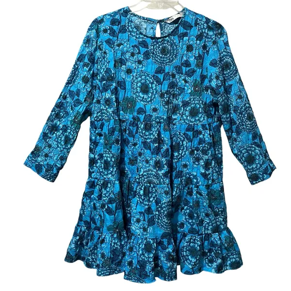 Zara Women's Blue Floral 3/4 Sleeve Mini‎ Dress Size Large Ruffle Casual - Image 2