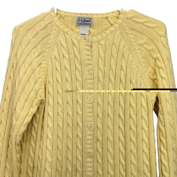 LL Bean Butter Yellow Cable Knit Cotton Button Up Cardigan Sweater Size SMALL - Image 3