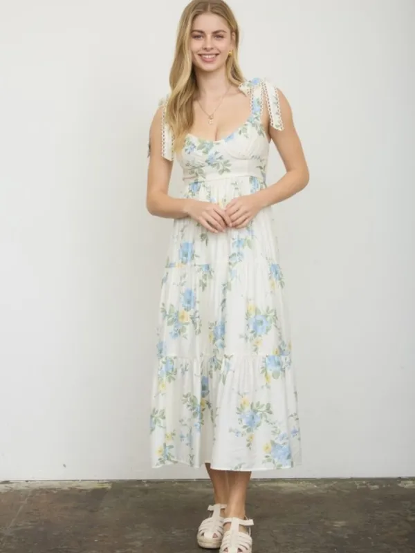 White Blue Yellow Floral Tiered Midi Dress Lace Tie Straps Large - Image 5