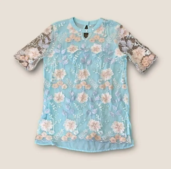 Floral Mesh Overlay Short Sleeve Blouse Turquoise Combo L - Image 2