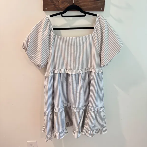 BIBI Blue White Striped Tiered Babydoll Mini‎ Dress Puff Sleeve XL NWT - Image 4
