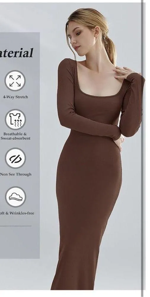 NEW Brown Bodycon Ribbed Long Sleeve Square Neck Maxi Dress XS - Image 2