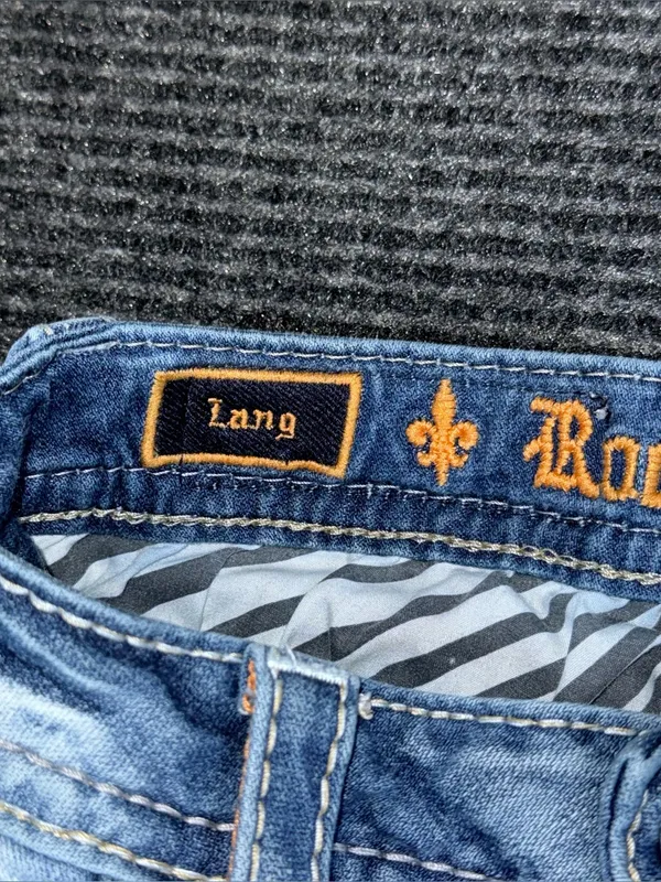 Y2K Rock Revival Lang Low Rise Bootcut Jean Light Wash Embroidered Distressed 25 - Image 9