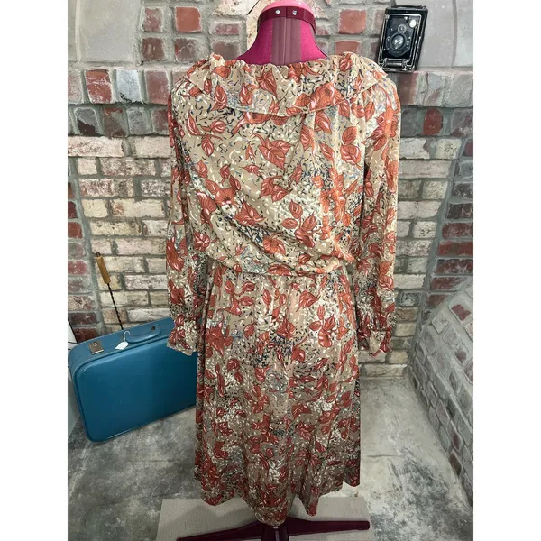 shirtwaist dress 1980s sheer ruffle collar sz 14 rust tan - Image 8