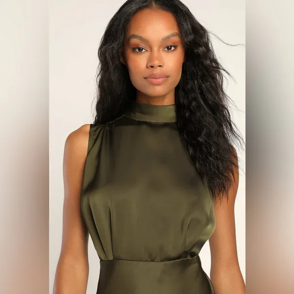 Lulus Classic Elegance Olive Satin Sleeveless Mock Neck Maxi Dress - Image 3