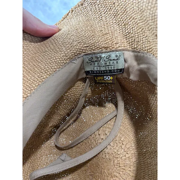 Sun N Sand Tan Woven Straw Bucket Hat UPF 50+ Wood Bead Band Adjustable - Image 7