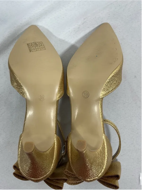Womans Excellent Gold Metallic Stiletto Pumps Bow Accent Size 9 - Image 6