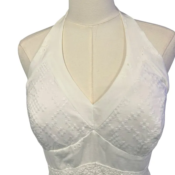 Sangria White Midi Dress Y2K Eyelet Baby Doll Halter Side Zip Cotton Size 8 FLAW - Image 3