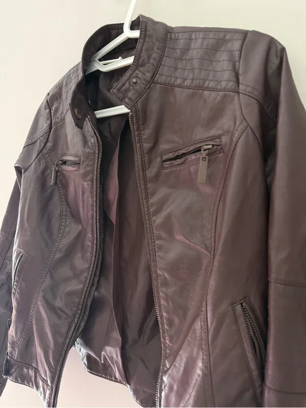 Jou Jou Brown Faux Leather Moto Jacket Zip Pockets Size XS - Image 5