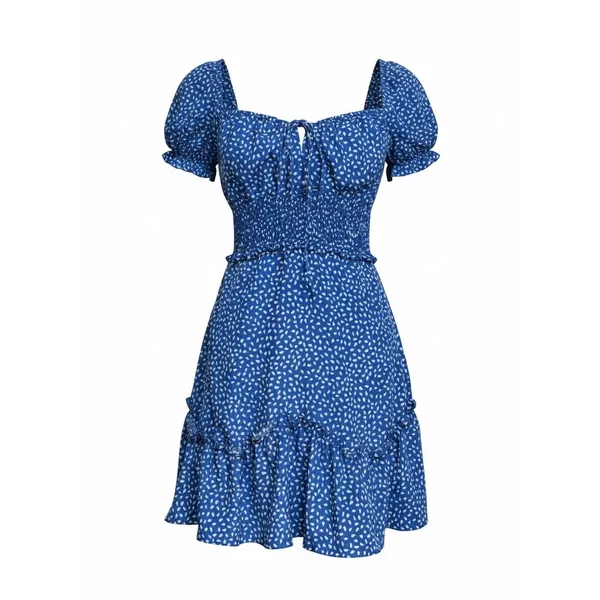 Hello Molly Blue White‎ Print Smocked Mini Dress Puff Sleeve Cottagecore Size S - Image 3
