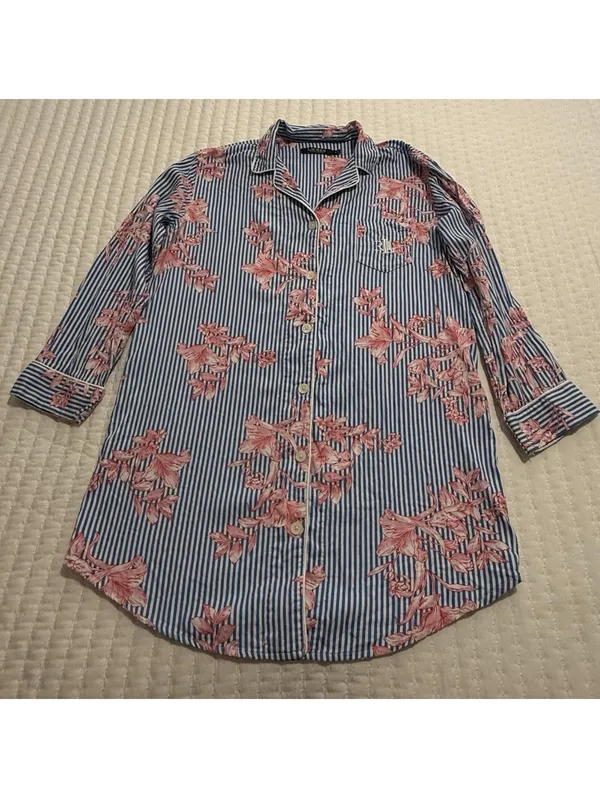 Lauren Ralph Lauren Floral & Stripe Blue Pajama Sleep Shirt Button Up M Medium - Image 11