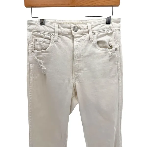 AMO Bella White Oak Distressed‎ High Rise Slim Straight Jeans Off White 27 - Image 3