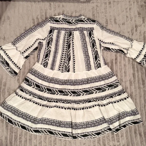 Elan Geometric Print Babydoll Mini Dress White Black Boho Tiered Bell‎ Sleeve L - Image 9