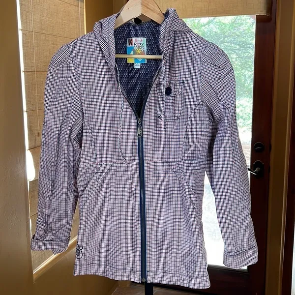 Roxy Navy & Orange Plaid Hooded Jacket Zip Front Women’s Size Medium - Image 2