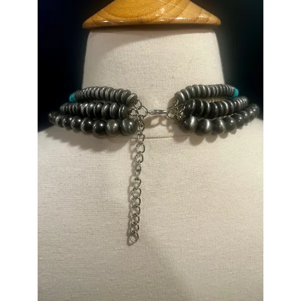 Artisan Turquoise & Gunmetal Triple Strand Beaded Necklace Southwestern Statement - Image 6