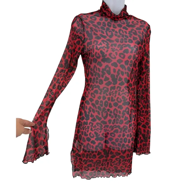 Y2K Red Leopard Mesh Dress Sz M Indie Sleaze Grunge Clubwear Shein Mock Neck - Image 2