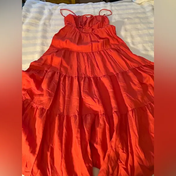 Judith march tiered maxi dress in rust/orange color spaghetti straps. Size L. - Image 3