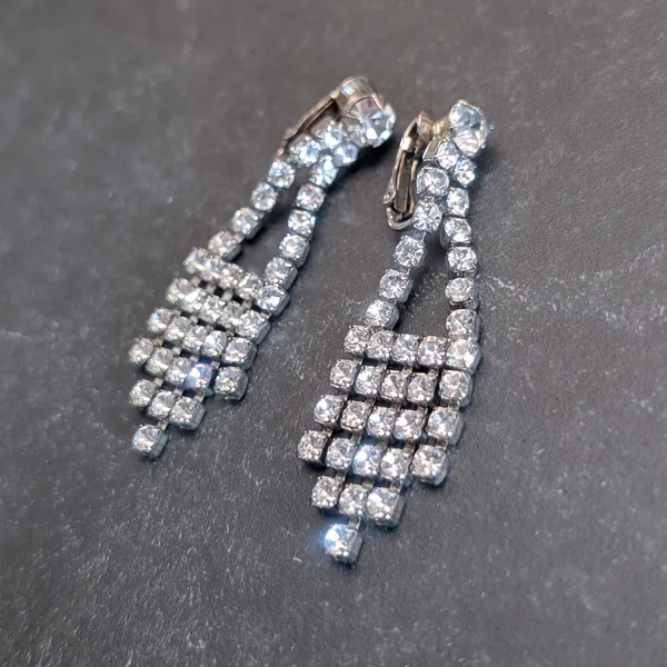 Vintage Clip On Earrings 2.25" Long Clear Gem Drop Dangle Regal Statement - Image 3