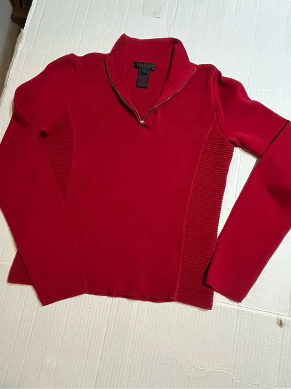 Ralph Lauren 100% cotton red 1/4 zip sweater small VTG Mock-neck knit classic - Image 2