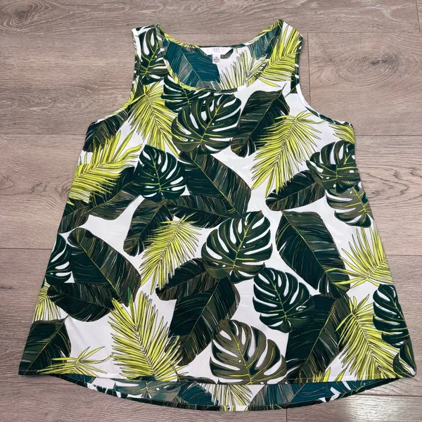 Time and Tru Womens Tropical Palm Leaves Sleeveless‎ Tank Top Green White Medium - Image 2