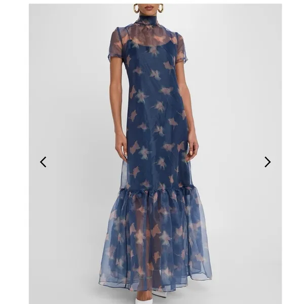 STAUD Botanical Navy Calluna Organza Mesh High Neckline Tie Back Gown size Small - Image 5