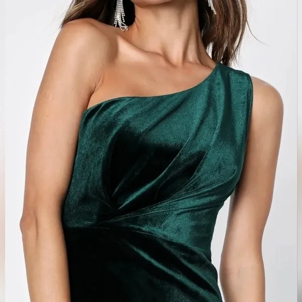 Lulus Emerald Green Velvet One Shoulder Mini Dress Pleated Bodice‎ D1582 Medium - Image 4