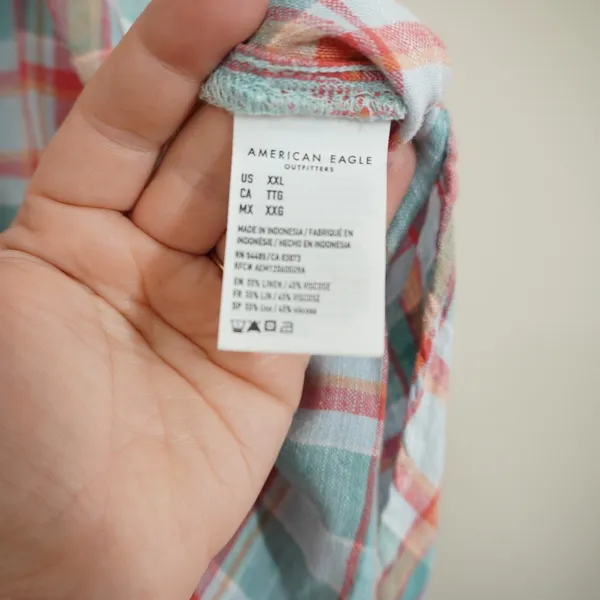 American Eagle Oversized Plaid Linen Blend Button Down Shirt XXL Short Sleeve - Image 7