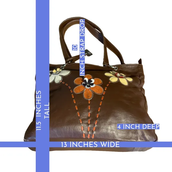 Arte Piel Brown Handcrafted W/Applique Flowers Leather Tote Shoulder Bag - Image 14