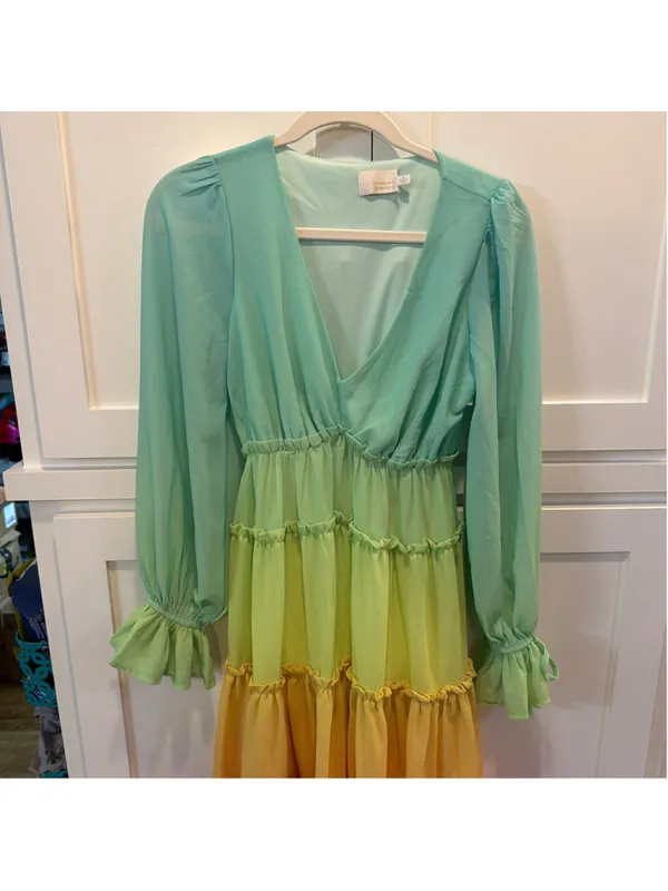 Champagne & Strawberry Rainbow Colorblock Tiered High Low Dress XS Chiffon Ombré - Image 15