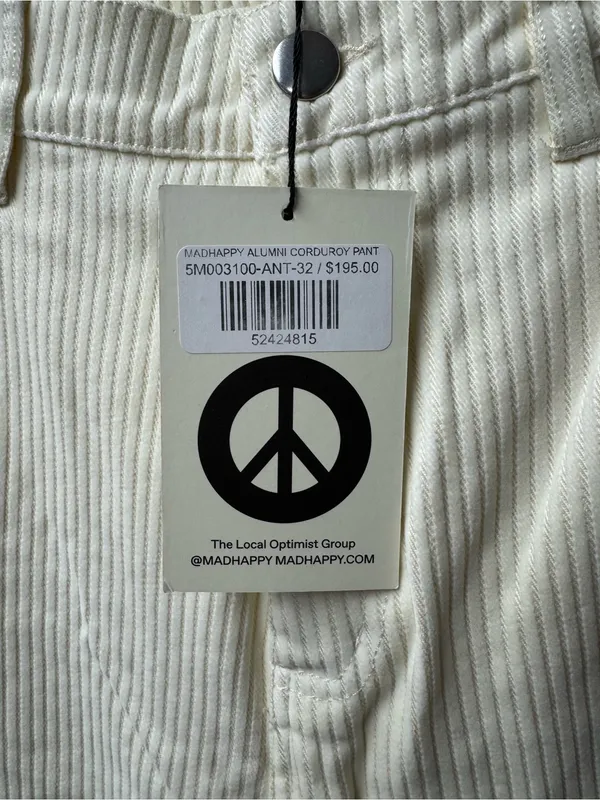 Madhappy Alumni Corduroy Pants Straight Leg Collegiate Embroidered 32 Cream NEW - Image 5