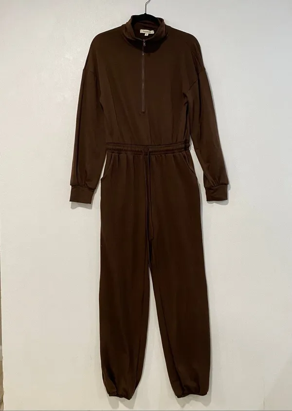 Francesca’s Small Brown Half Zip Jumpsuit Jogger Lounge Utility Romper - Image 2