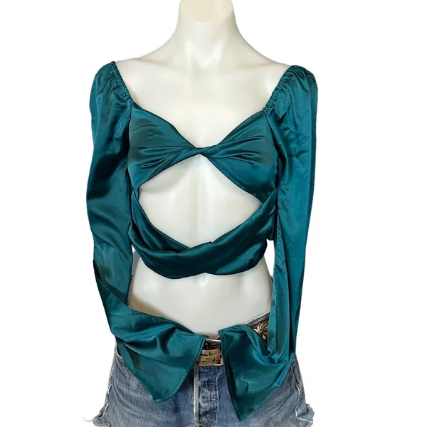 Revolve Teal Satin Crop Top SMALL Going Out Club Pirate Cut Out More to Come NEW - Image 4