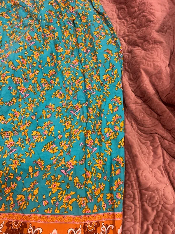 Boho Teal and Orange Floral Maxi Skirt - Image 3