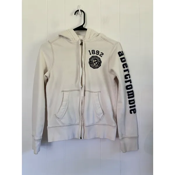 Abercrombie & Fitch Women Cream Full Zip Hoodie Logo Sleeve Vintage 1892 Large - Image 2