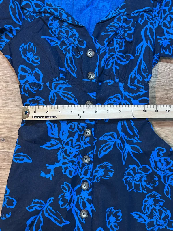 Free People 0 Blue Floral Linen Blend Button Front Tie Waist Dress Pockets - Image 8