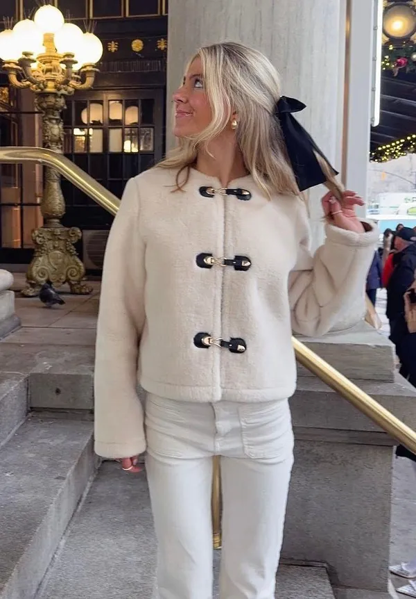 Zara Jacket coat teddy fur ivory cream cropped toggle - Image 3