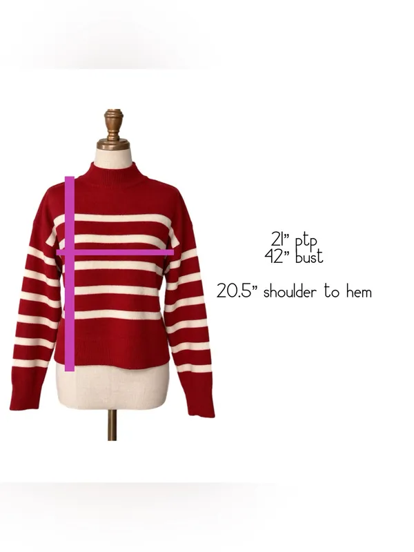 La Miel Red & Cream Striped Dolman Sleeve Preppy Mock Neck Sweater Small New - Image 10