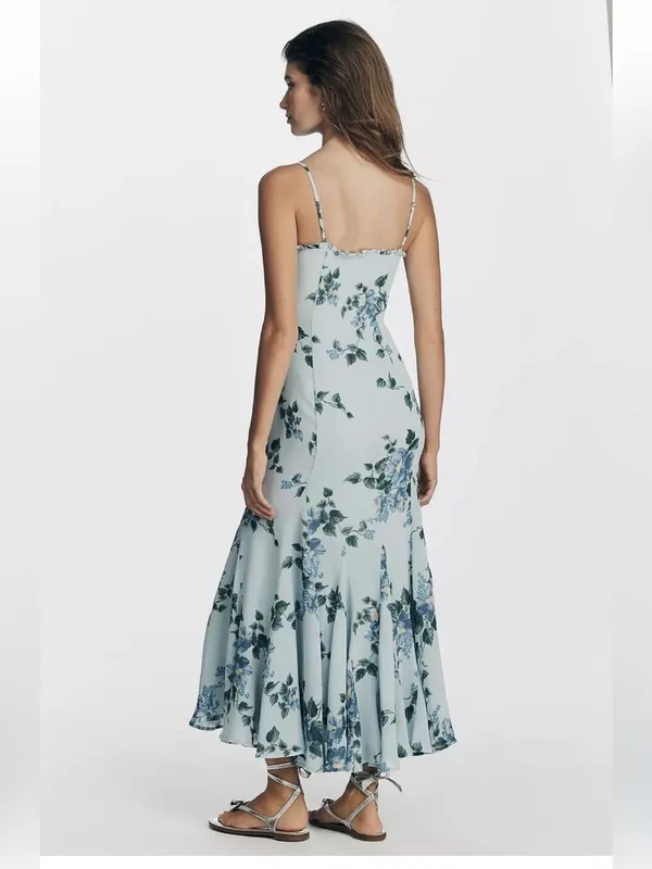 Reformation Lilibet ruffle hem midi dress in blue floral Fresh Air print NEW - Image 6