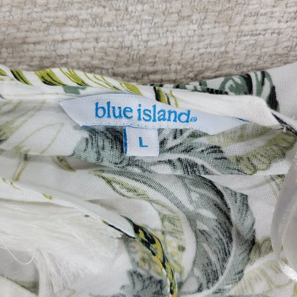 Blue Island Tropical Maxi Dress Sz L Pineapple Palm Print Rayon Tiered Open Back - Image 3