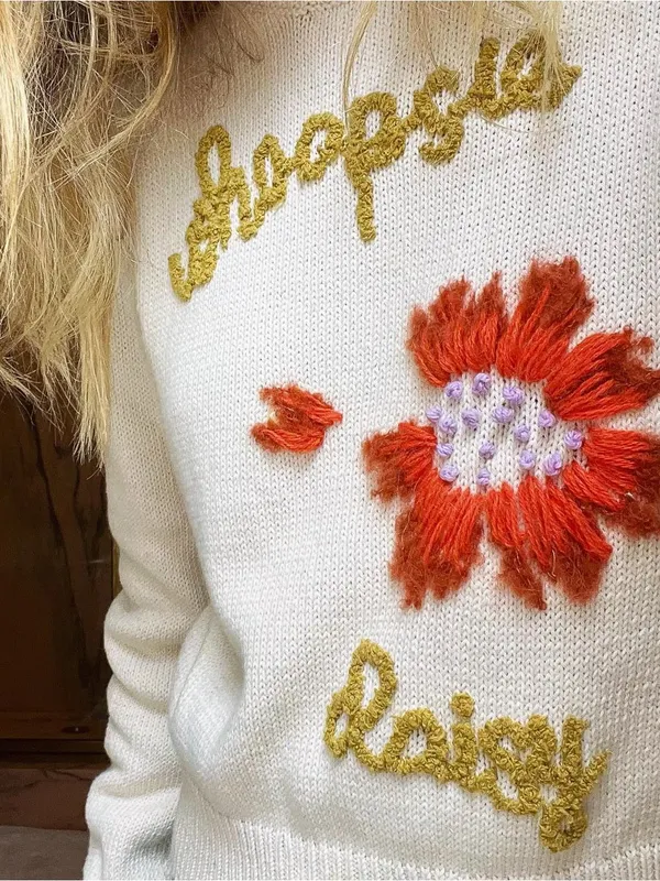 Lingua Franca Whoopsie Daisy Knit Pullover Crewneck Sweater Beige Small READ - Image 5
