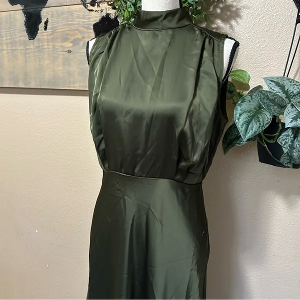 Lulus Classic Elegance Olive Satin Sleeveless Mock Neck Maxi Dress - Image 4