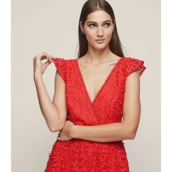 Reiss Abrianna Red Lace V-Neck Cap Sleeve Cocktail Dress Size 4 - Image 2