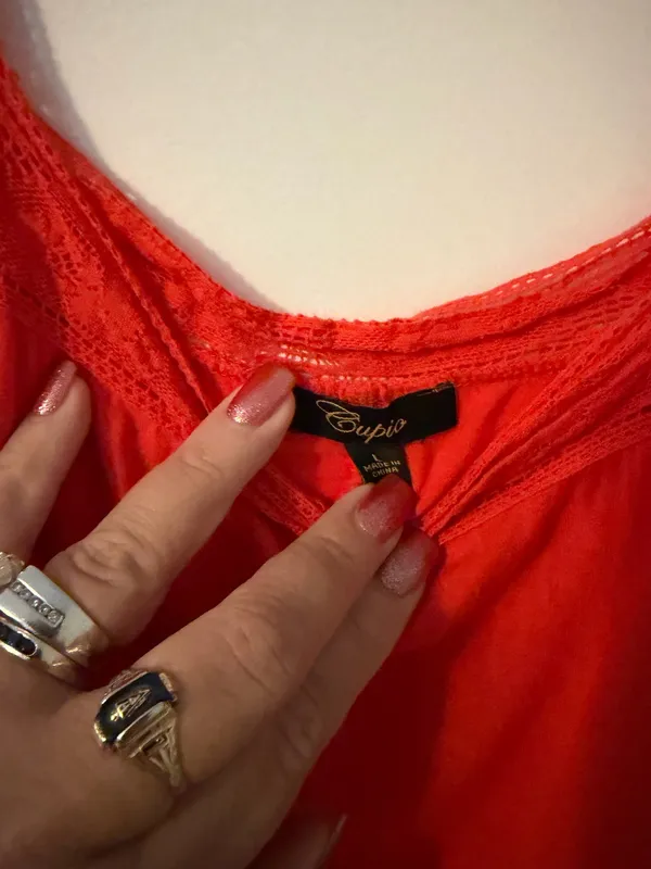 Cupio Bright Red Lace-Trim Asymmetrical Tank Top, Sz L - Image 3