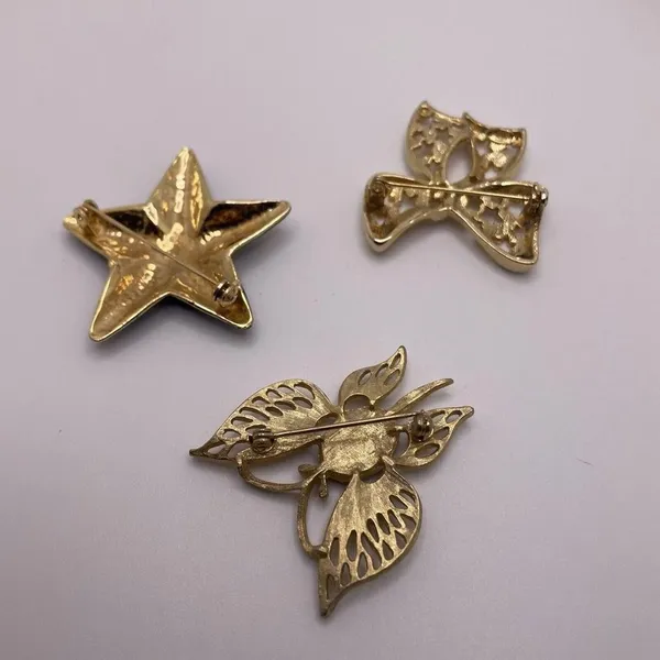 Lot Of 3 Vintage - Modern Brooch Pins Gold Tone / Black - Bow, Butterfly, Star - Image 12