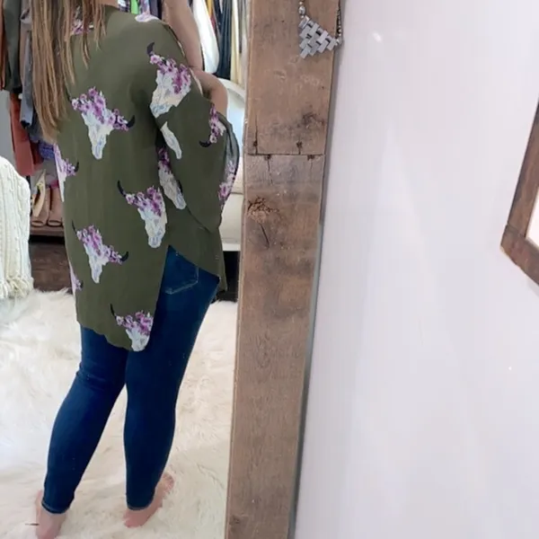 PEACH Love green Texas longhorn floral print kimono size small - Image 8