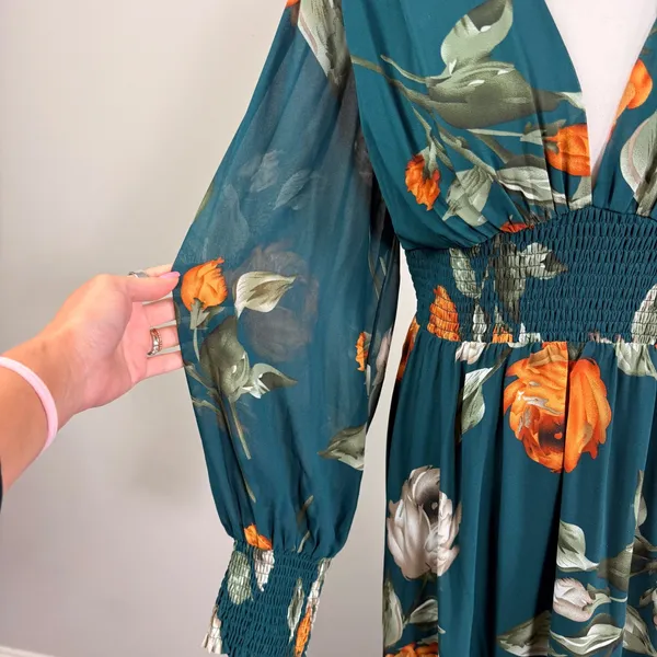 Baltic Born Olivia Teal Green Floral Smocked V-Neck Maxi Dress Long Sleeve 2XL - Image 13