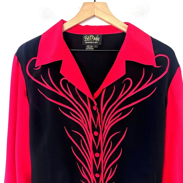 Vintage Bob Mackie 100% Silk Blouse Black Red Western Embroidered Flames 90s L - Image 2