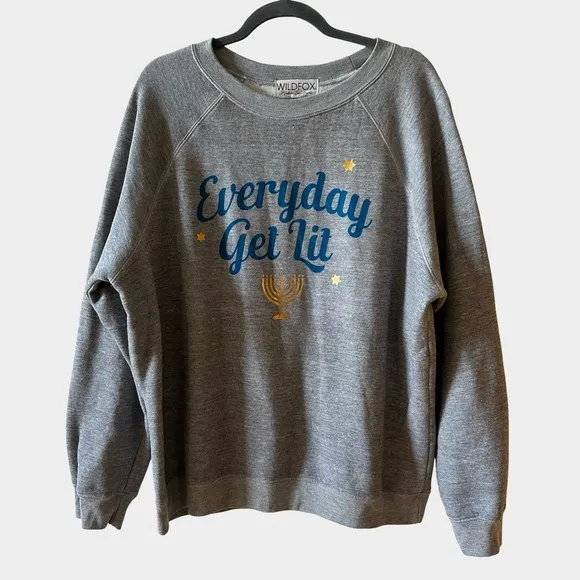 Wildfox Gray Hanukkah Cozy Girl Sweater Everyday Get Lit Menorah Graphic Large‎ - Image 2