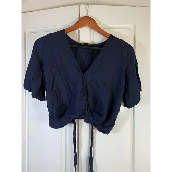 Brandy Melville Faux Wrap Blouse Navy Blue Tie Back Concert Festival Cute Top‎ - Image 2