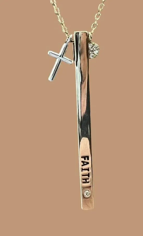 New Directions Gold Tone Necklace Faith Bar Silver Tone Cross Rhinestone 21" NWO - Image 2